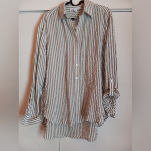 Jane & Delancey Striped Sage & Cream Button-Up Waffle WeaveBlouse Size Small NWT